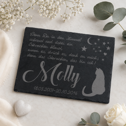 Gedenktafel personalisiert für Tiere aus Schiefer - Motiv "Katzenhimmel"