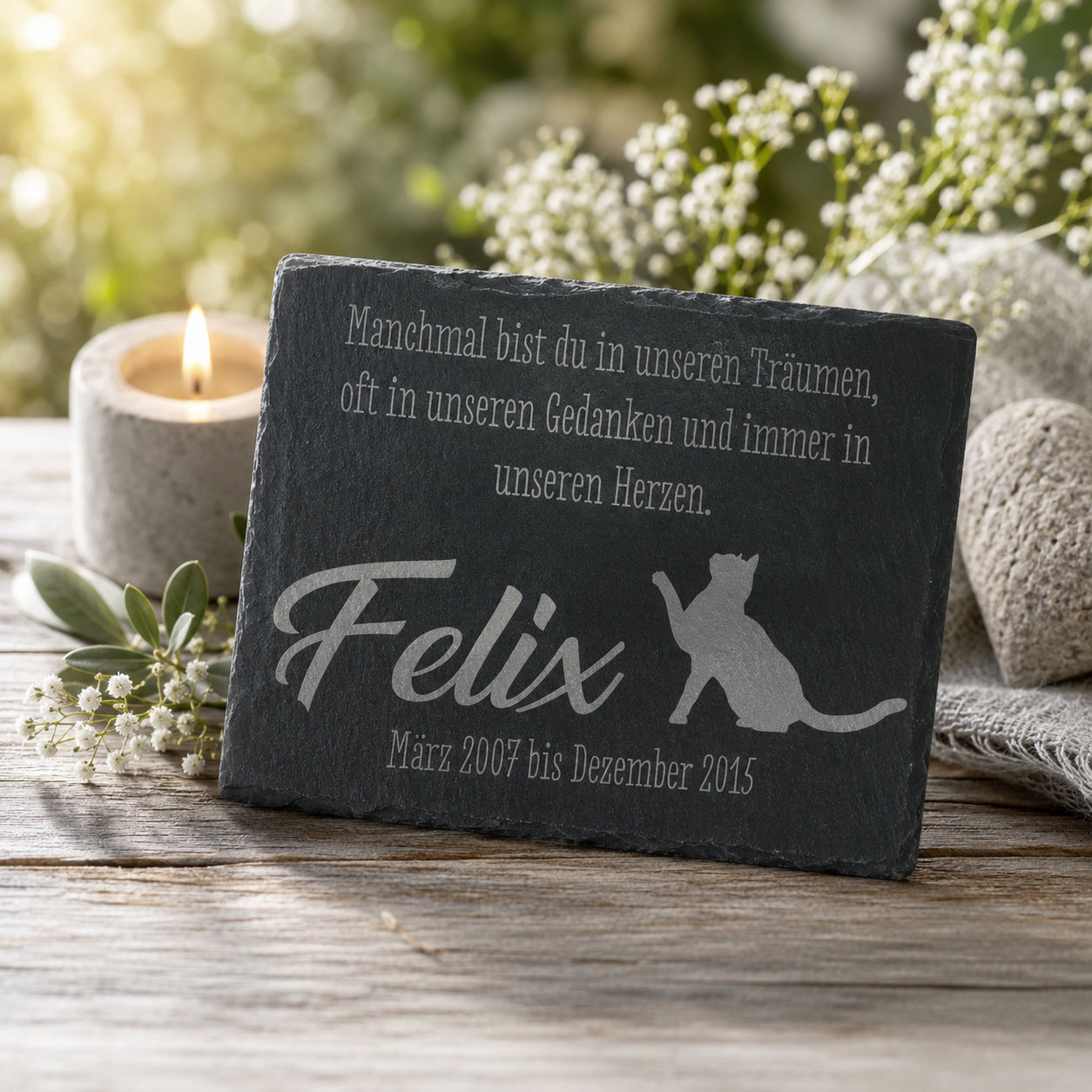 Gedenktafel personalisiert für Tiere aus Schiefer - Motiv "Träume & Gedanken – Katze"
