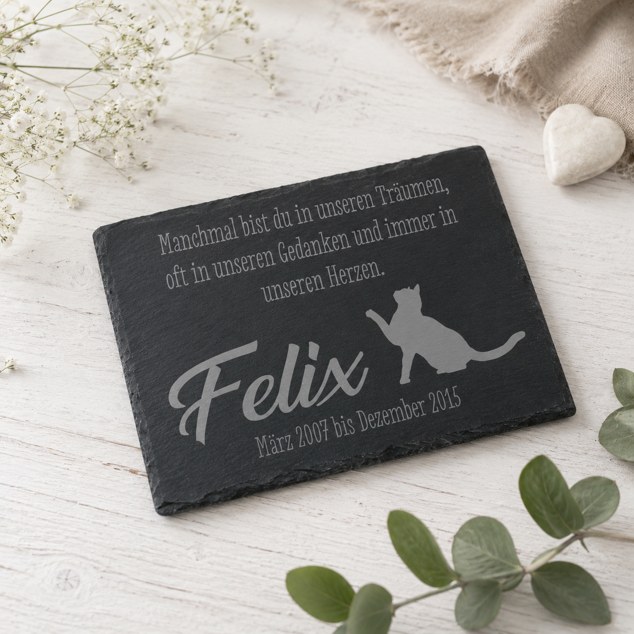 Gedenktafel personalisiert für Tiere aus Schiefer - Motiv "Träume & Gedanken – Katze"