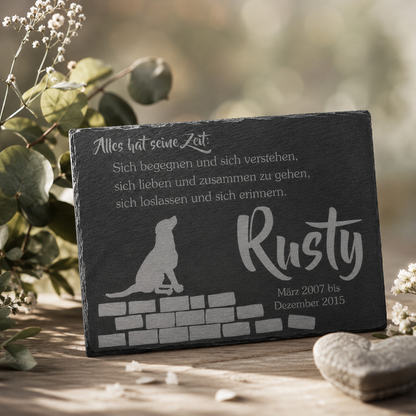 Gedenktafel personalisiert für Tiere aus Schiefer - Motiv "Alles hat seine Zeit – Hund"