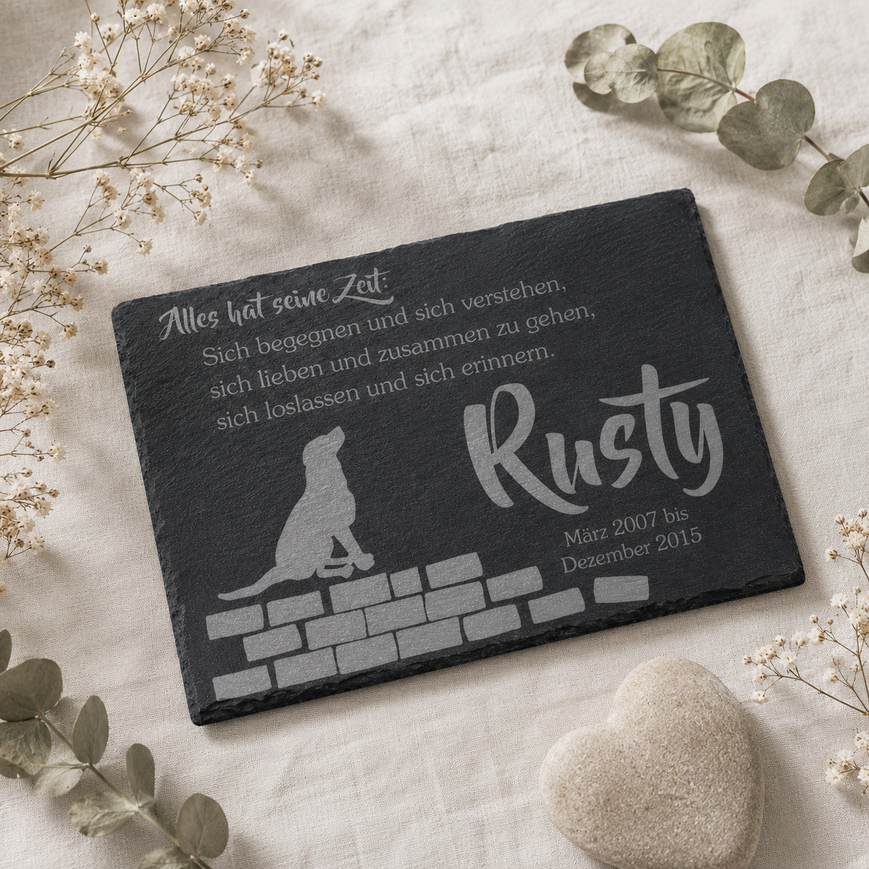 Gedenktafel personalisiert für Tiere aus Schiefer - Motiv "Alles hat seine Zeit – Hund"