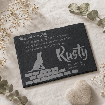 Gedenktafel personalisiert für Tiere aus Schiefer - Motiv "Alles hat seine Zeit – Hund"