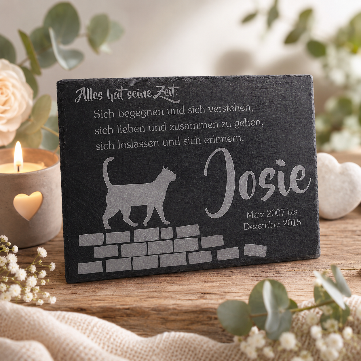 Gedenktafel personalisiert für Tiere aus Schiefer - Motiv "Alles hat seine Zeit – Katze"