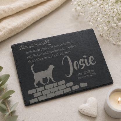 Gedenktafel personalisiert für Tiere aus Schiefer - Motiv "Alles hat seine Zeit – Katze"