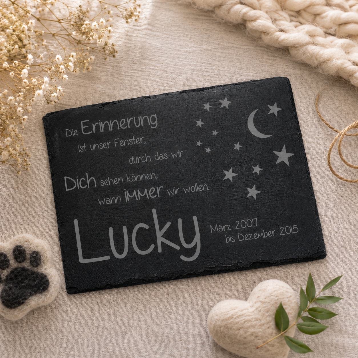 Gedenktafel personalisiert für Tiere aus Schiefer - Motiv "Erinnerungen"