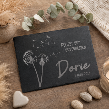 Gedenktafel personalisiert für Tiere aus Schiefer - Motiv "Pusteblume"