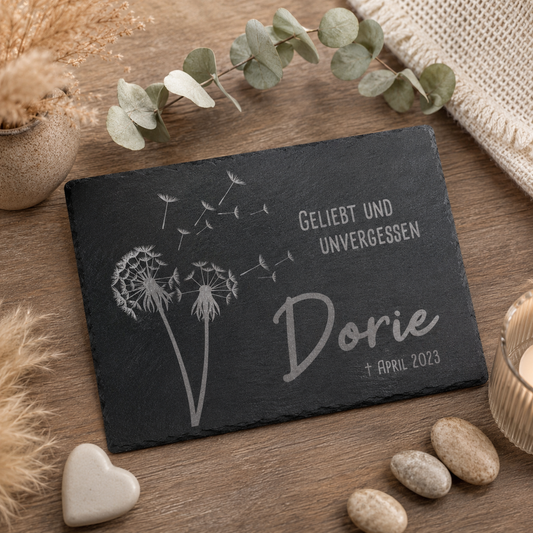 Gedenktafel personalisiert für Tiere aus Schiefer - Motiv "Pusteblume"