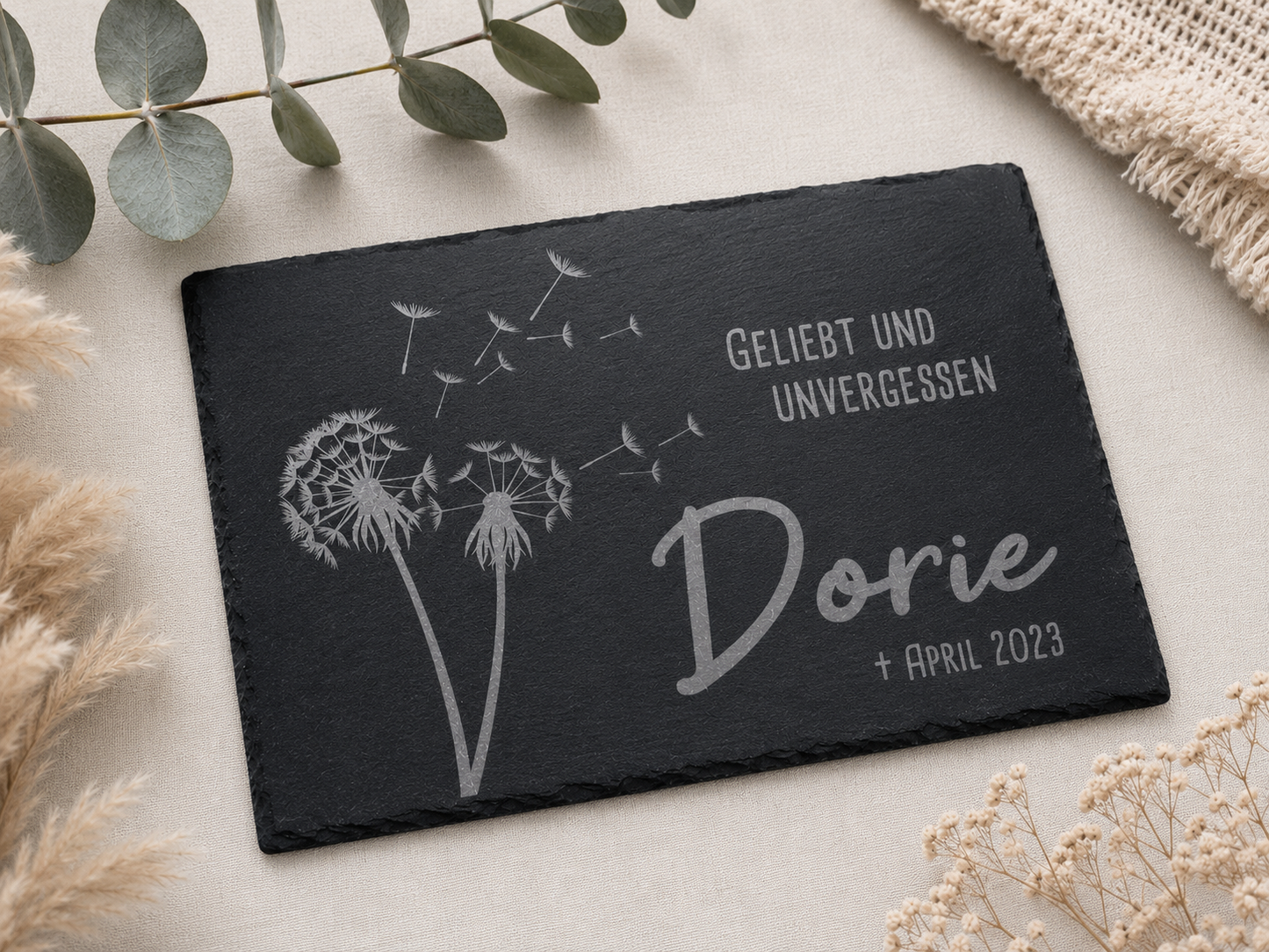Gedenktafel personalisiert für Tiere aus Schiefer - Motiv "Pusteblume"