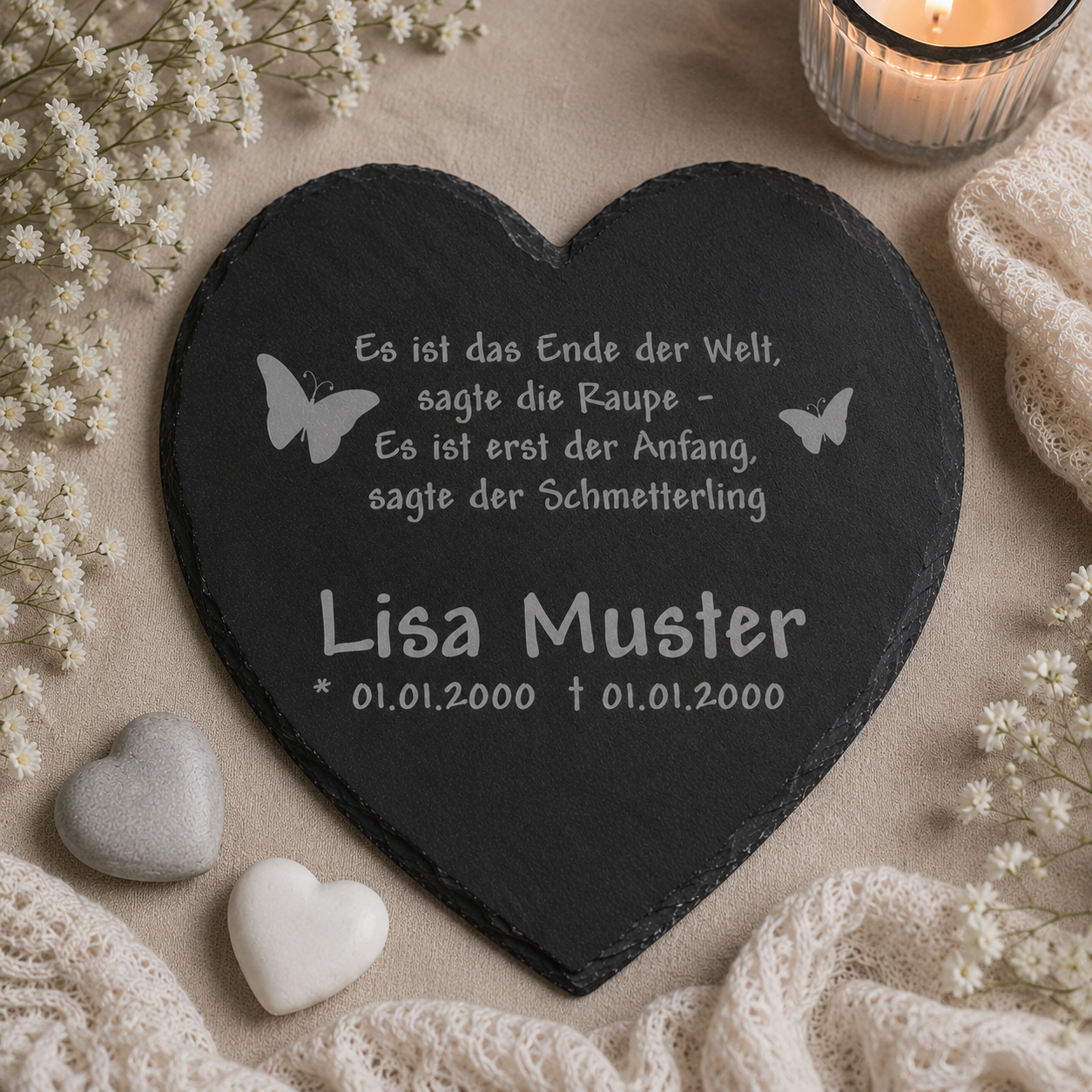 Gedenktafel für Sternenkinder personalisiert mit Namen aus Schiefer - Motiv „Schmetterling“