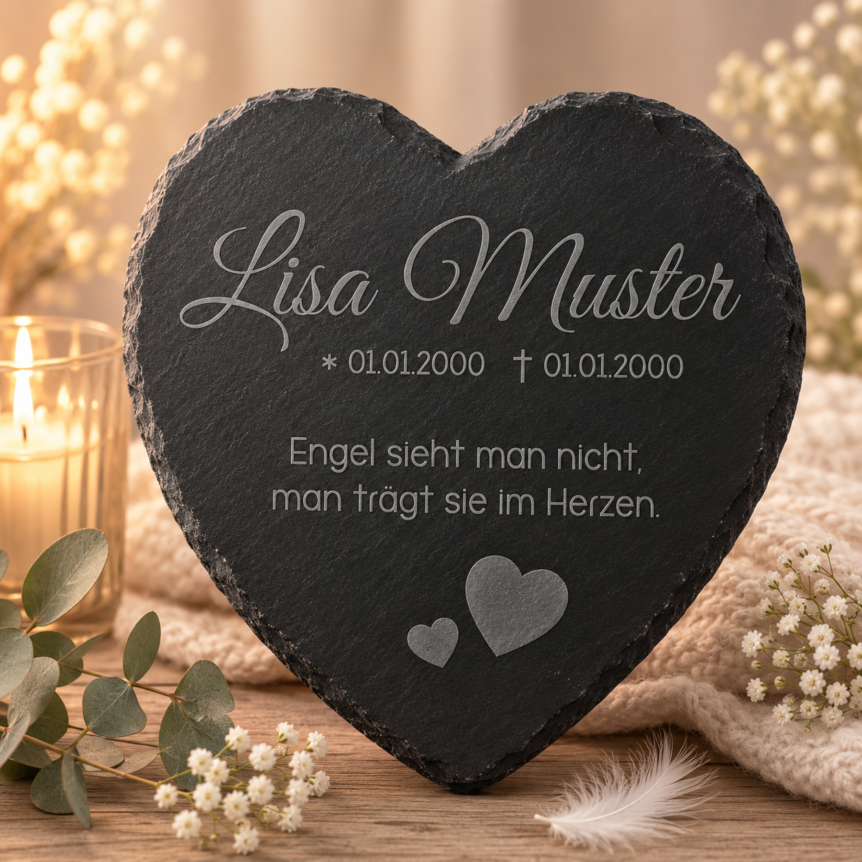 Gedenktafel für Sternenkinder personalisiert mit Namen aus Schiefer - Motiv „Herzen“