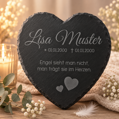 Gedenktafel für Sternenkinder personalisiert mit Namen aus Schiefer - Motiv „Herzen“