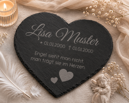 Gedenktafel für Sternenkinder personalisiert mit Namen aus Schiefer - Motiv „Herzen“
