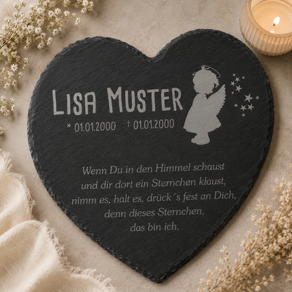 Gedenktafel für Sternenkinder personalisiert mit Namen aus Schiefer - Motiv „Engel Mädchen“