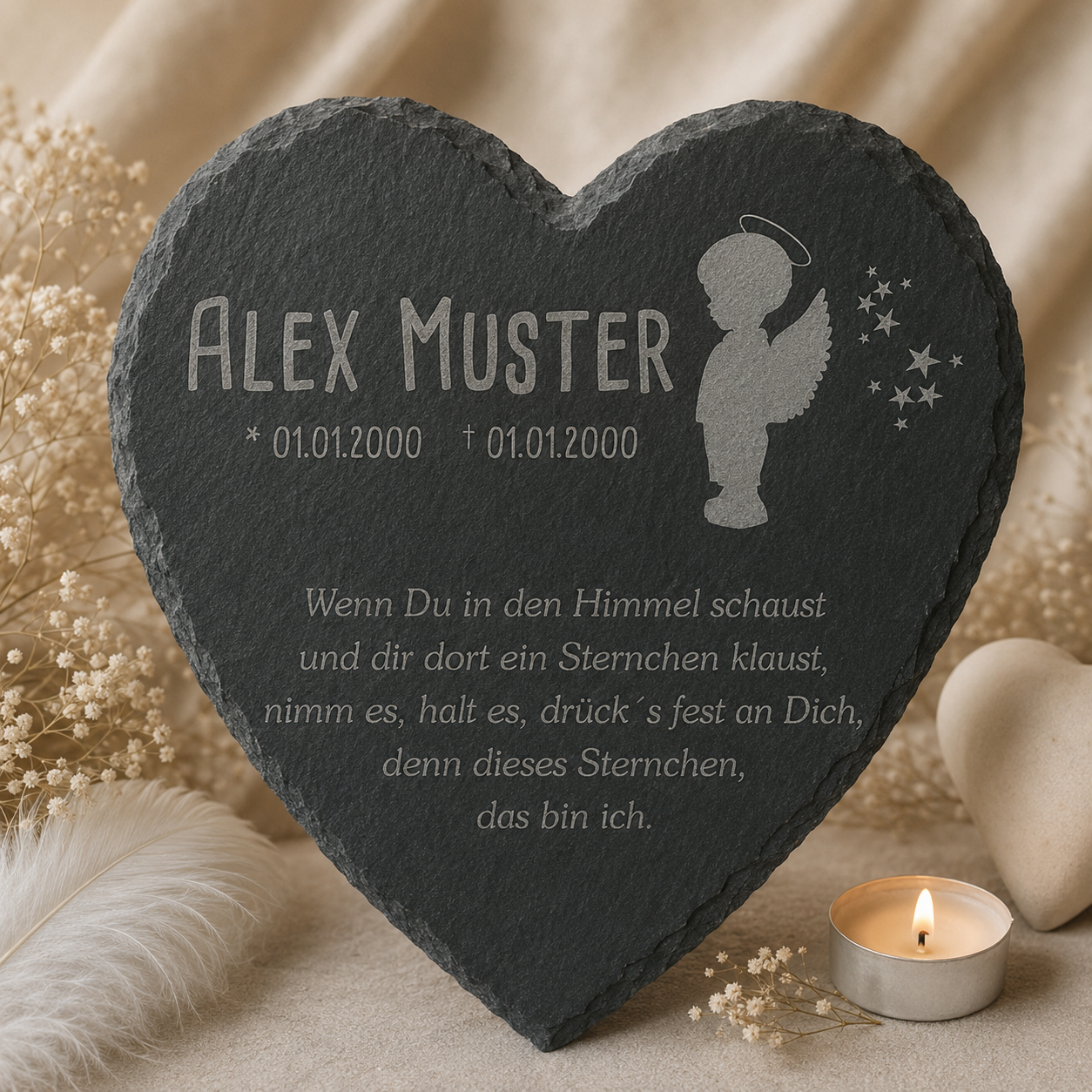 Gedenktafel für Sternenkinder personalisiert mit Namen aus Schiefer - Motiv „Engel Junge“