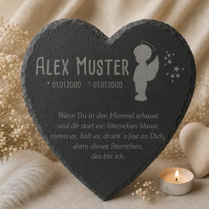 Gedenktafel für Sternenkinder personalisiert mit Namen aus Schiefer - Motiv „Engel Junge“