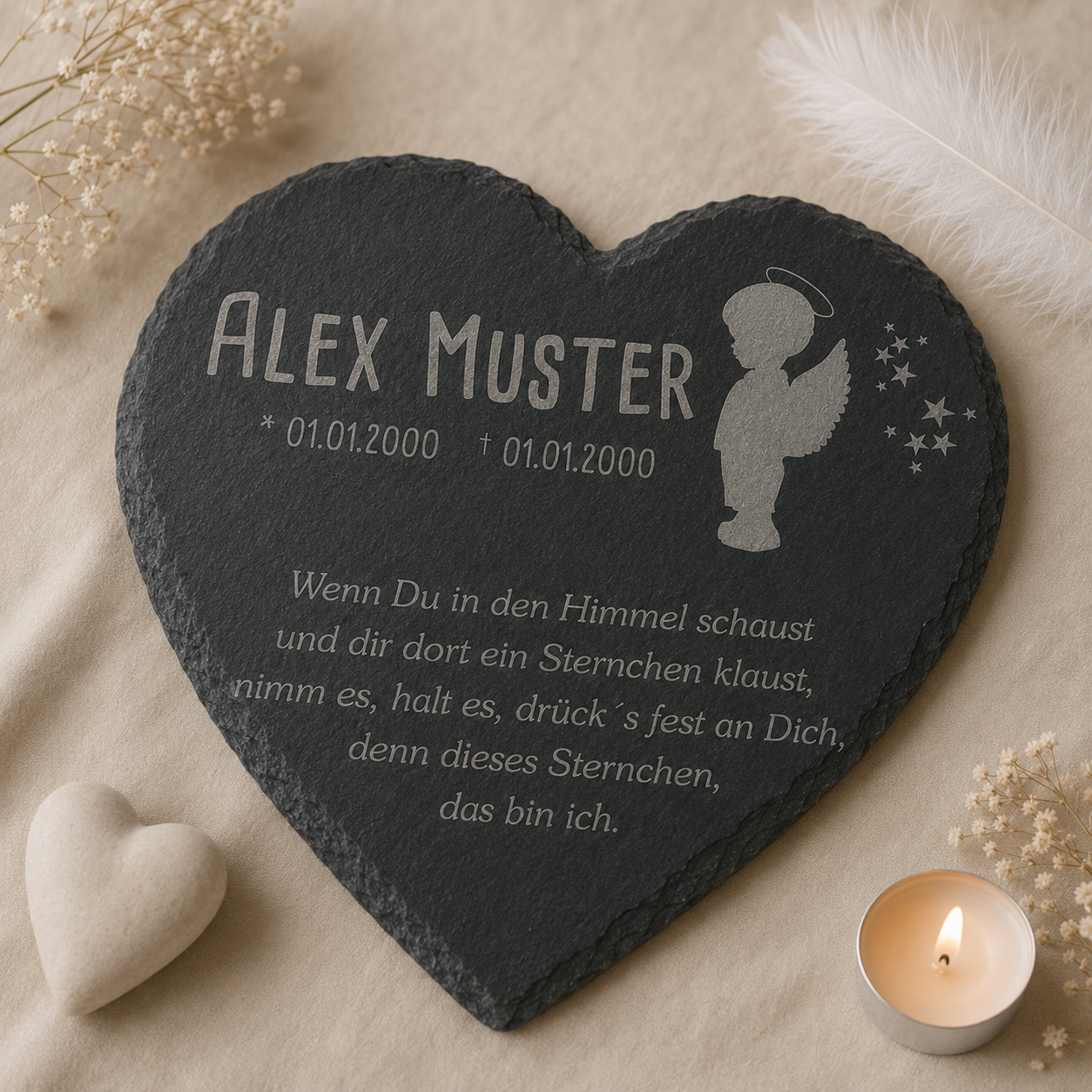 Gedenktafel für Sternenkinder personalisiert mit Namen aus Schiefer - Motiv „Engel Junge“