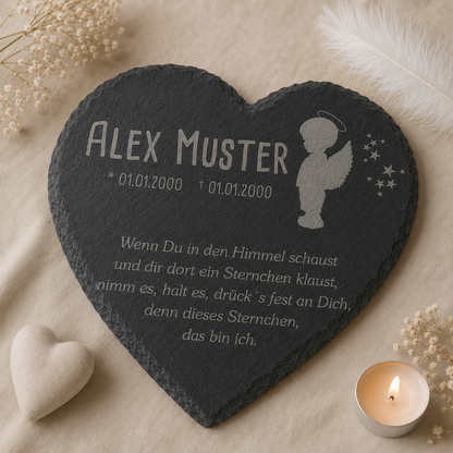 Gedenktafel für Sternenkinder personalisiert mit Namen aus Schiefer - Motiv „Engel Junge“