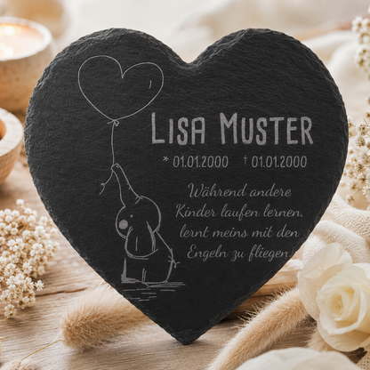 Gedenktafel für Sternenkinder personalisiert mit Namen aus Schiefer - Motiv „Luftballon“
