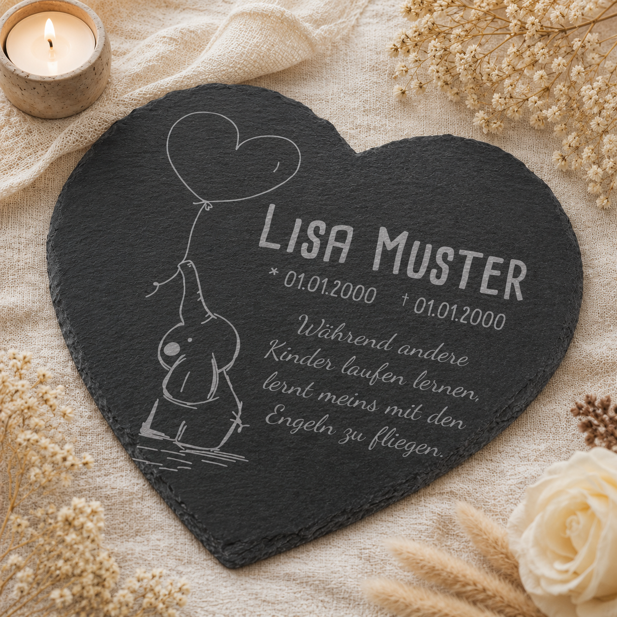 Gedenktafel für Sternenkinder personalisiert mit Namen aus Schiefer - Motiv „Luftballon“