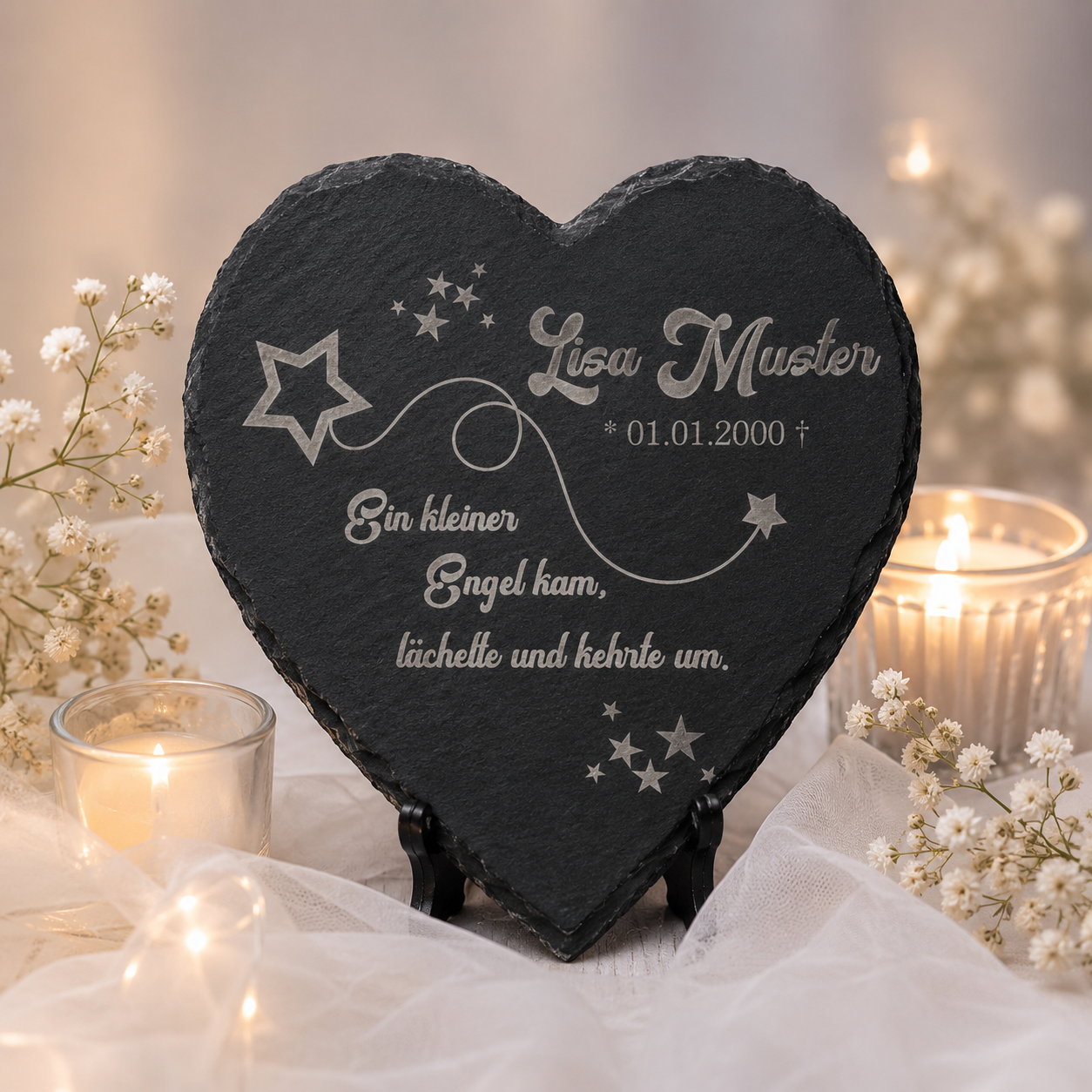 Gedenktafel für Sternenkinder personalisiert mit Namen aus Schiefer - Motiv „Sternschnuppe“
