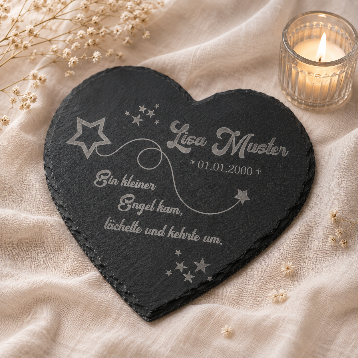 Gedenktafel für Sternenkinder personalisiert mit Namen aus Schiefer - Motiv „Sternschnuppe“
