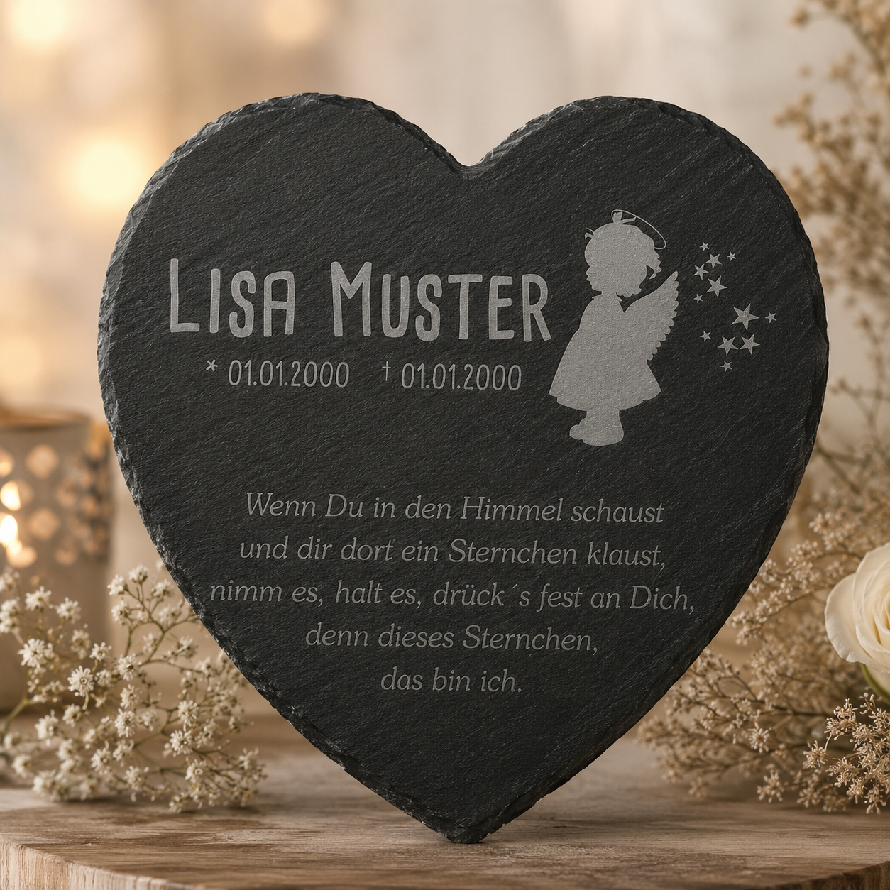 Gedenktafel für Sternenkinder personalisiert mit Namen aus Schiefer - Motiv „Engel Mädchen“