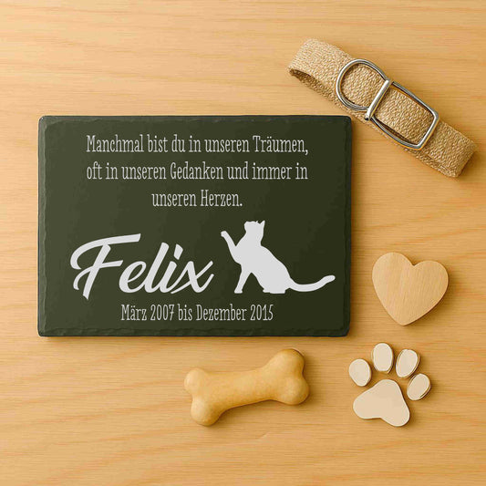 Tiergedenktafel aus Schiefer - Motiv "Träume & Gedanken – Katze"