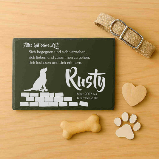 Tiergedenktafel aus Schiefer - Motiv "Alles hat seine Zeit – Hund"