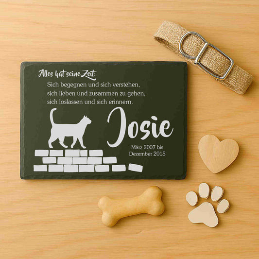 Tiergedenktafel aus Schiefer - Motiv "Alles hat seine Zeit – Katze"