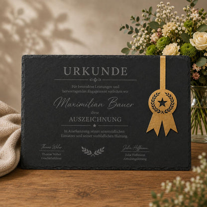 Personalisierte Schiefertafel als Urkunde mit goldener Acryl-Plakette