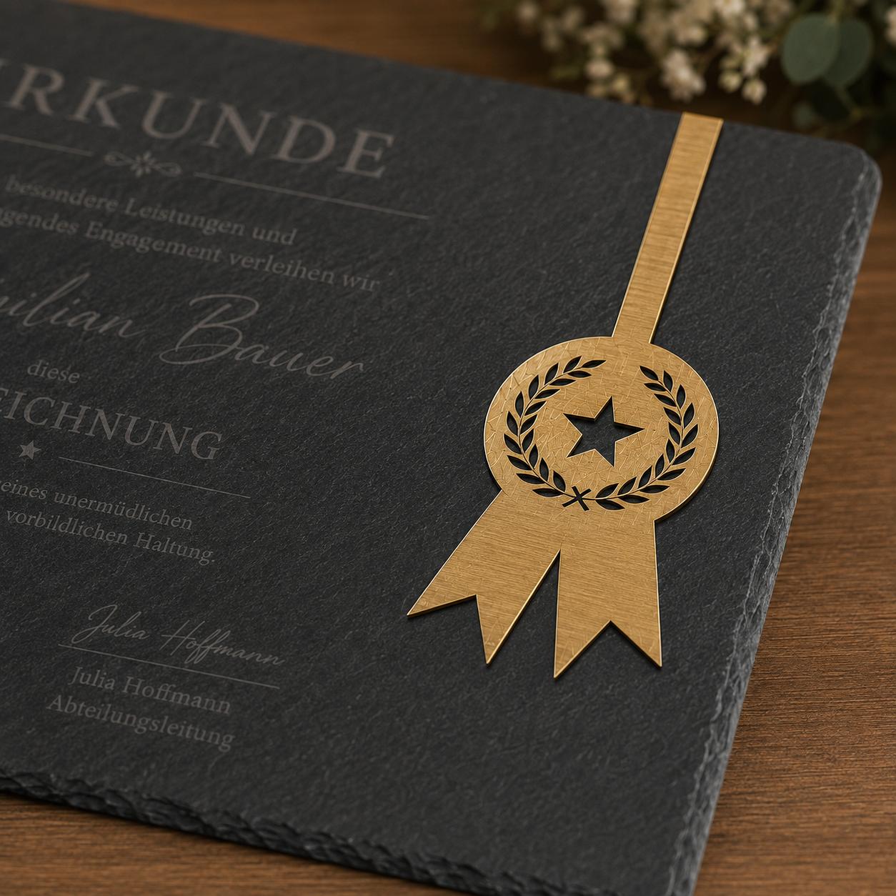 Personalisierte Schiefertafel als Urkunde mit goldener Acryl-Plakette