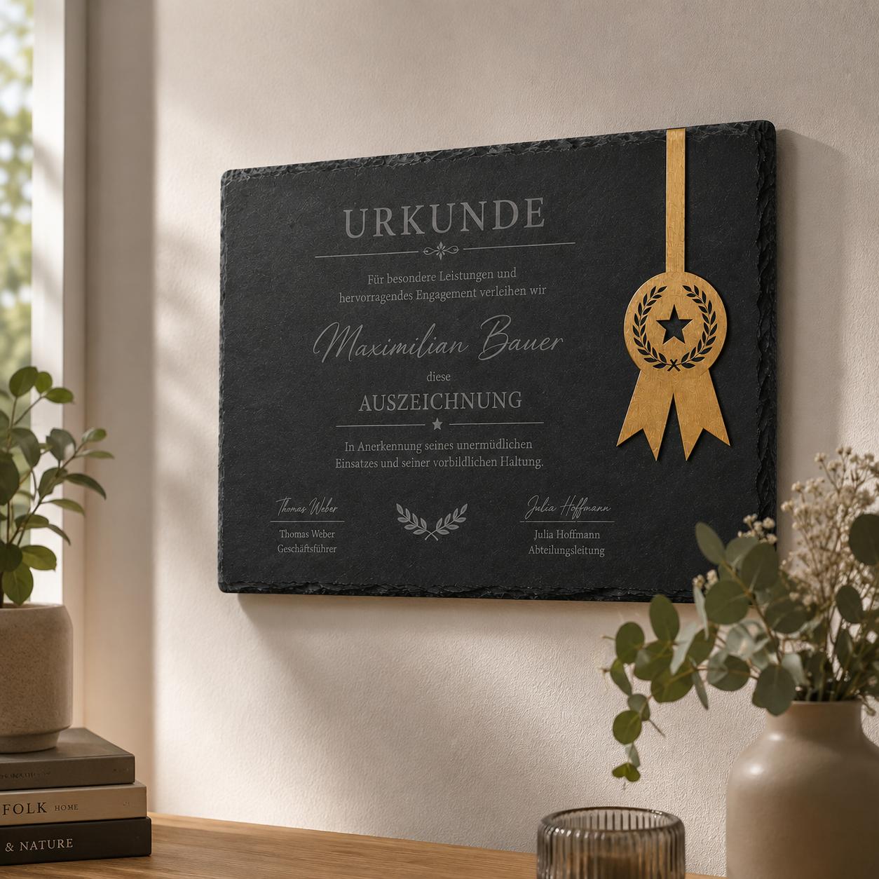 Personalisierte Schiefertafel als Urkunde mit goldener Acryl-Plakette