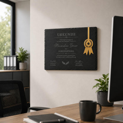 Personalisierte Schiefertafel als Urkunde mit goldener Acryl-Plakette