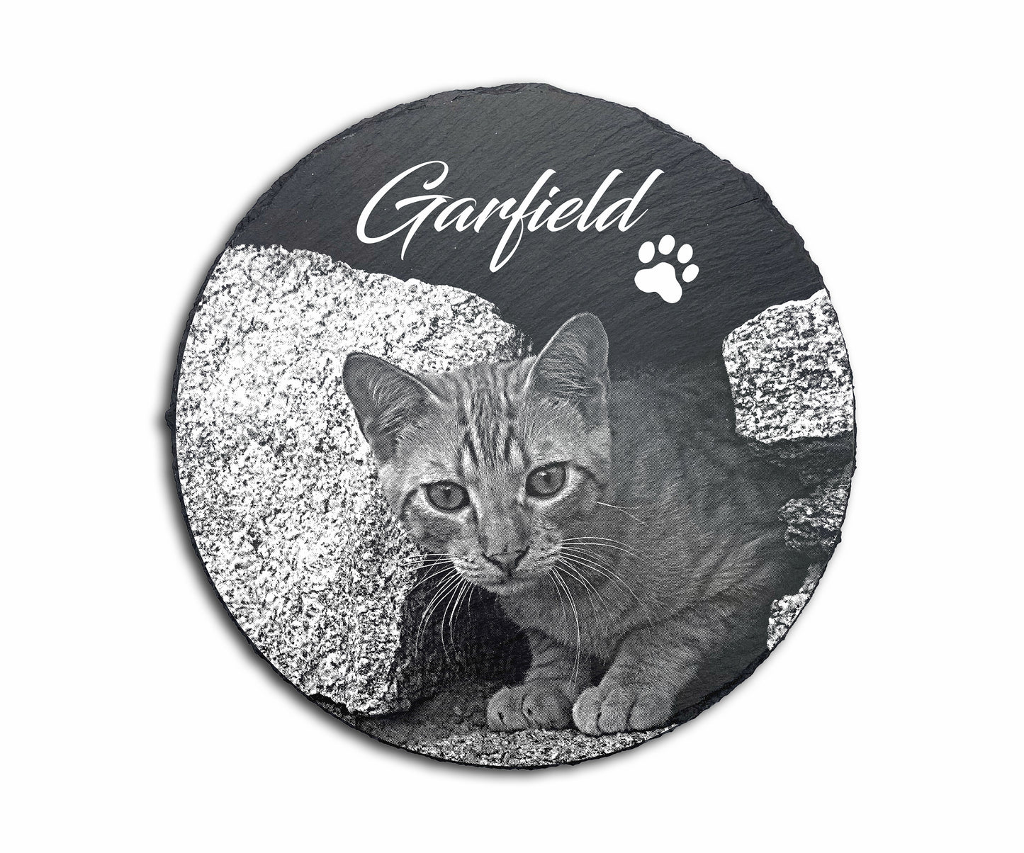 Tier Gedenktafel rund für Hund oder Katze personalisiert mit Foto-Gravur aus Schiefer