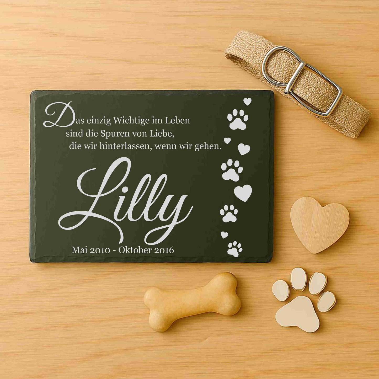 Gedenktafel personalisiert für Tiere aus Schiefer - Motiv "Katzenpfoten"