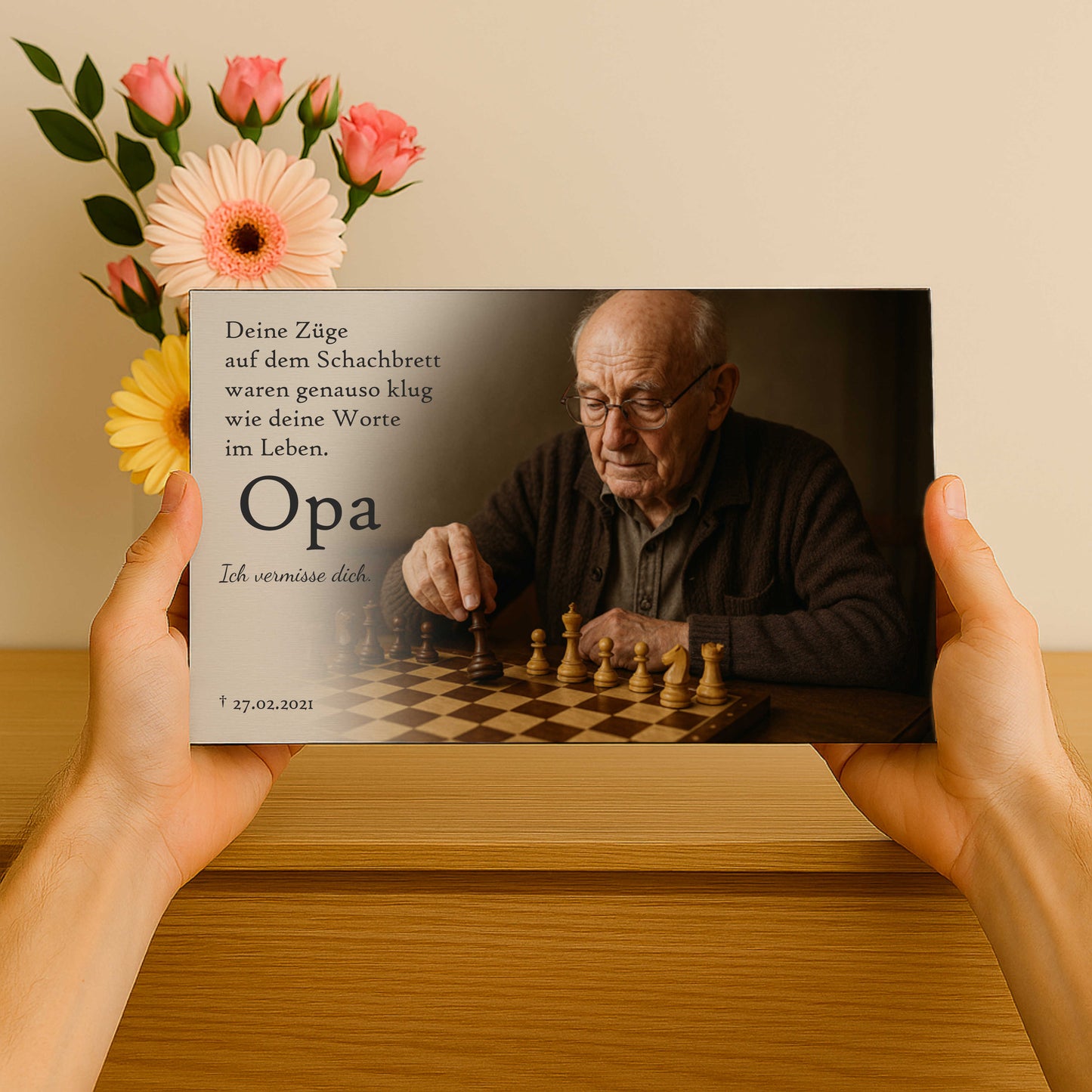 Personalisiertes Gedenkschild mit Foto und Text - Aluverbundplatte 3 mm