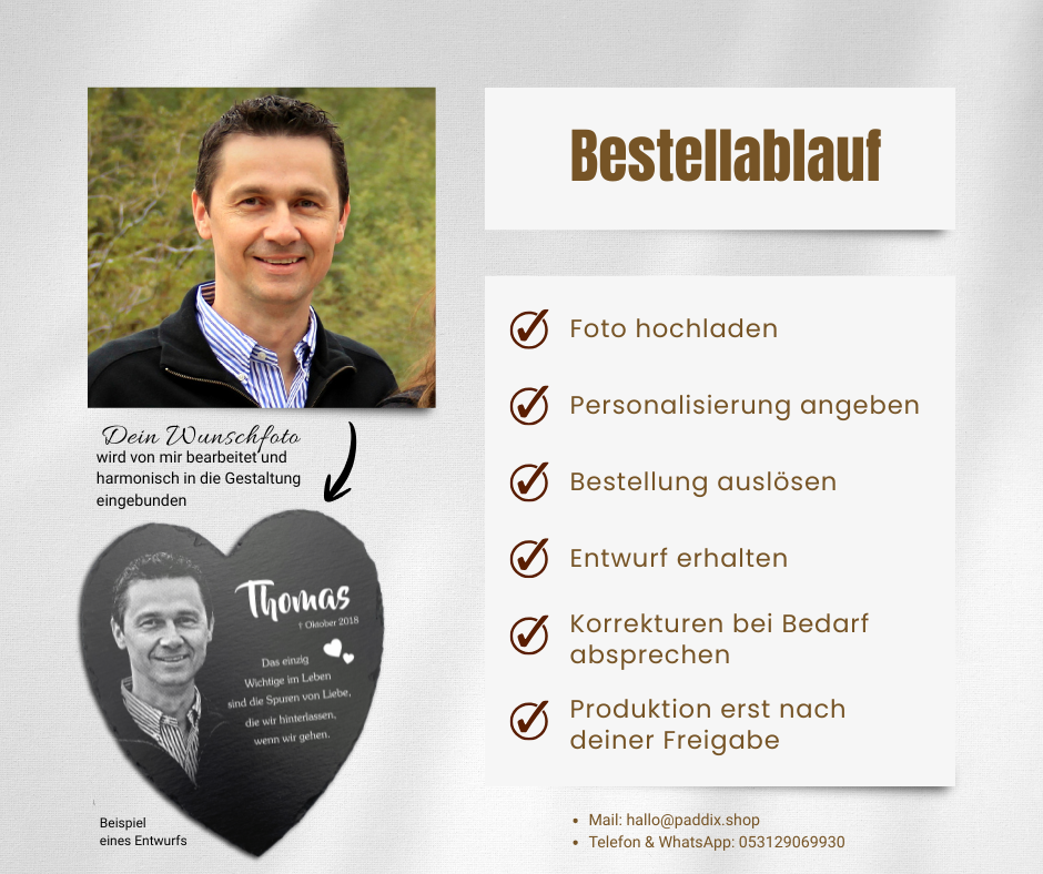 Herz Gedenktafel personalisiert mit Foto aus Schiefer als Grabschmuck