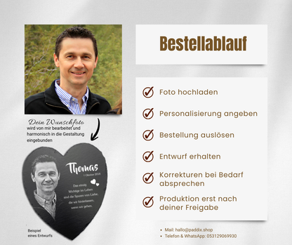 Herz Gedenktafel personalisiert mit Foto aus Schiefer als Grabschmuck