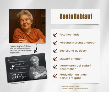 Gedenktafel eckig personalisiert mit Foto aus Schiefer als Grabdeko