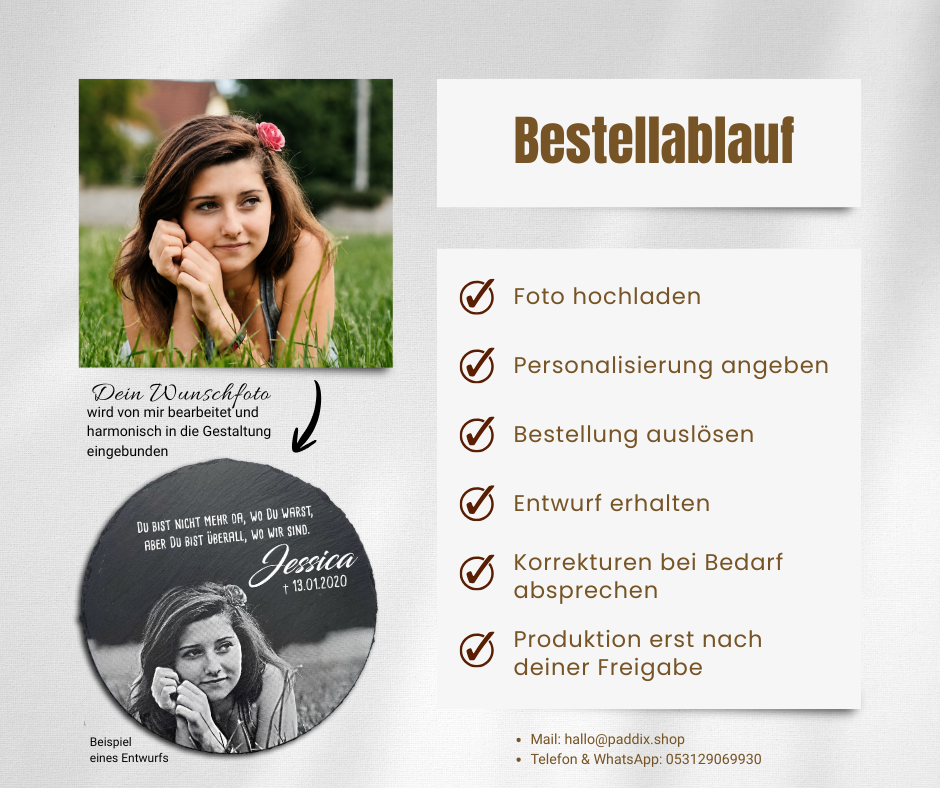 Gedenkstein in rund aus Schiefer personalisiert mit Foto