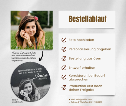 Gedenkstein in rund aus Schiefer personalisiert mit Foto