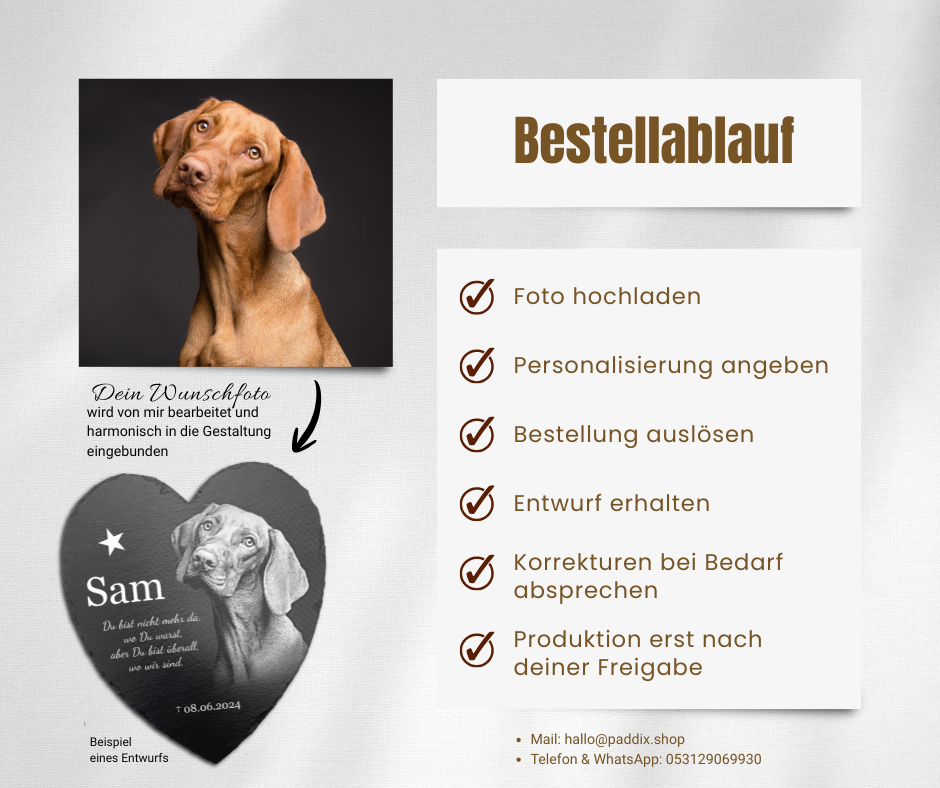 Tier Grabstein Herzform für Hund oder Katze personalisiert aus Schiefer mit Foto-Gravur