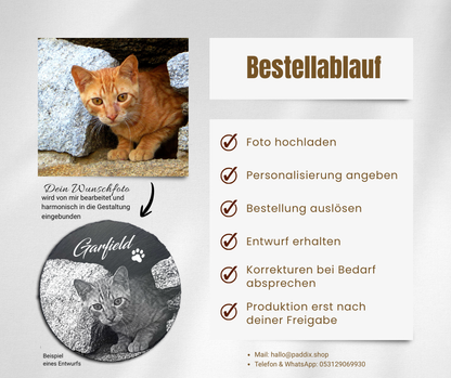 Tier Gedenktafel rund für Hund oder Katze personalisiert mit Foto-Gravur aus Schiefer