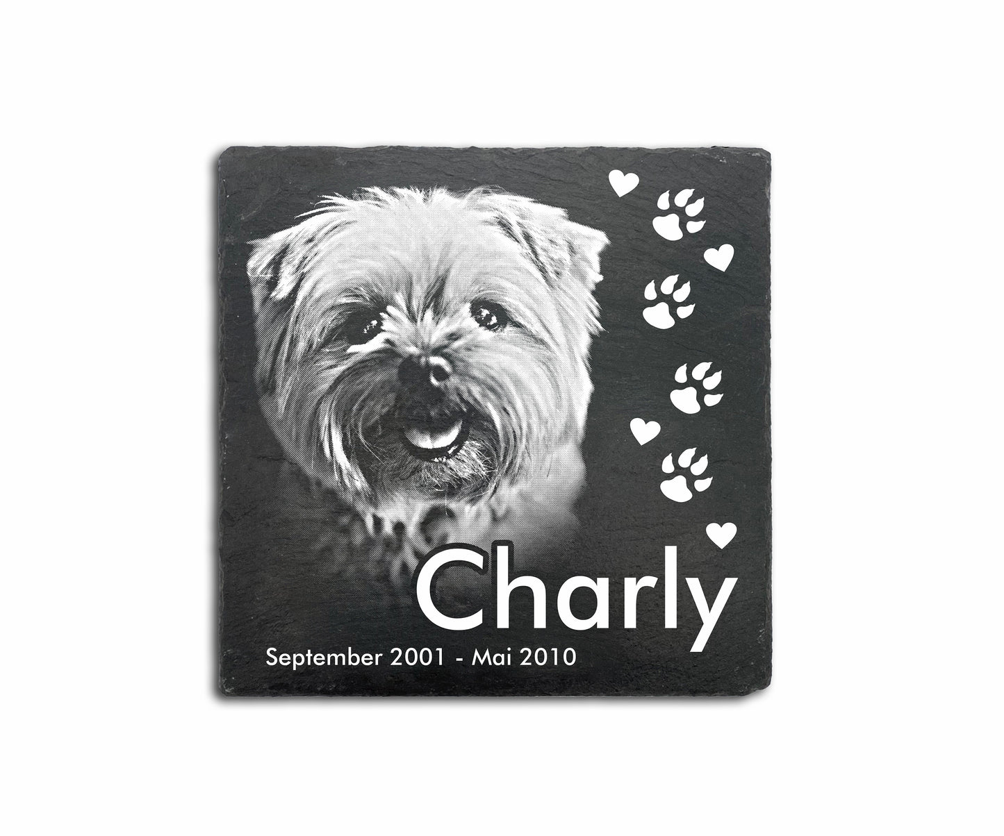 Tier Grabtafel eckig für Hund oder Katze personalisiert aus Schiefer mit Foto-Gravur