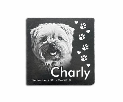 Tier Grabtafel eckig für Hund oder Katze personalisiert aus Schiefer mit Foto-Gravur