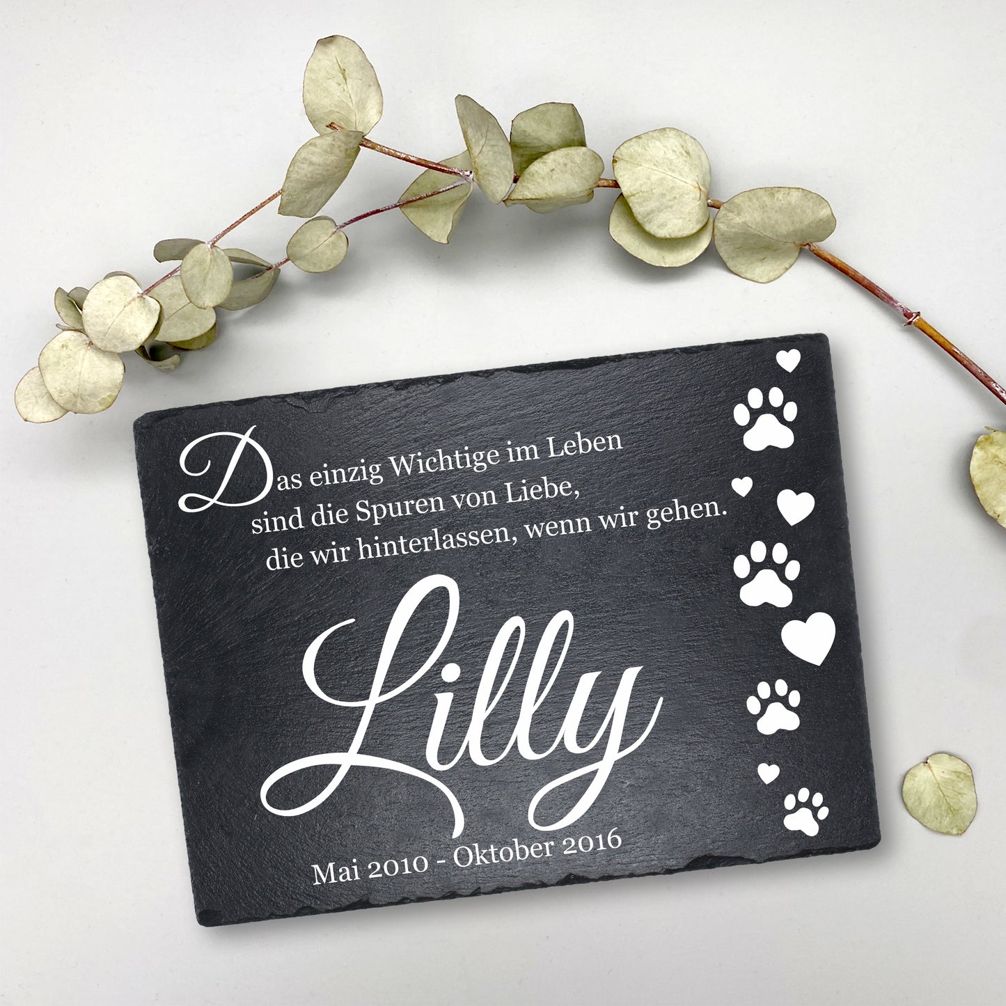 Gedenktafel personalisiert für Tiere aus Schiefer - Motiv "Katzenpfoten"