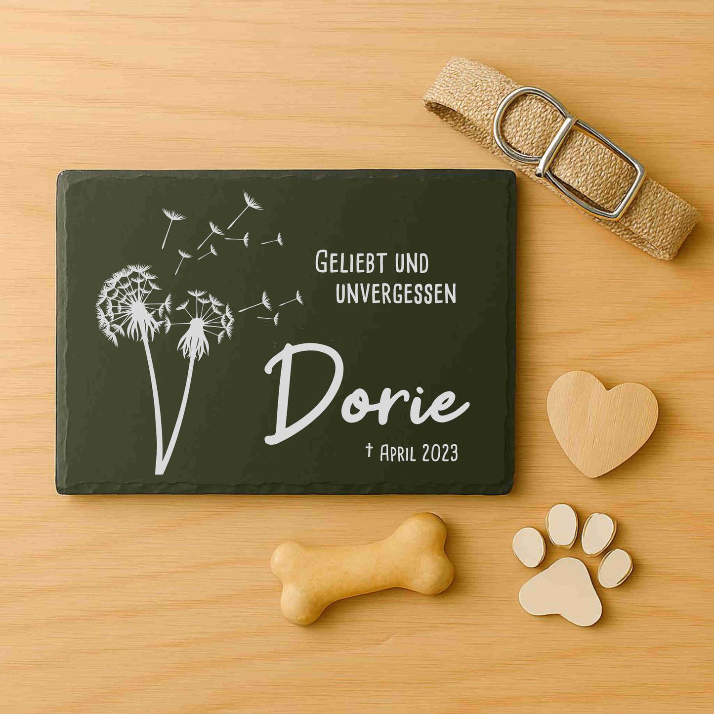 Gedenktafel personalisiert für Tiere aus Schiefer - Motiv "Pusteblume"