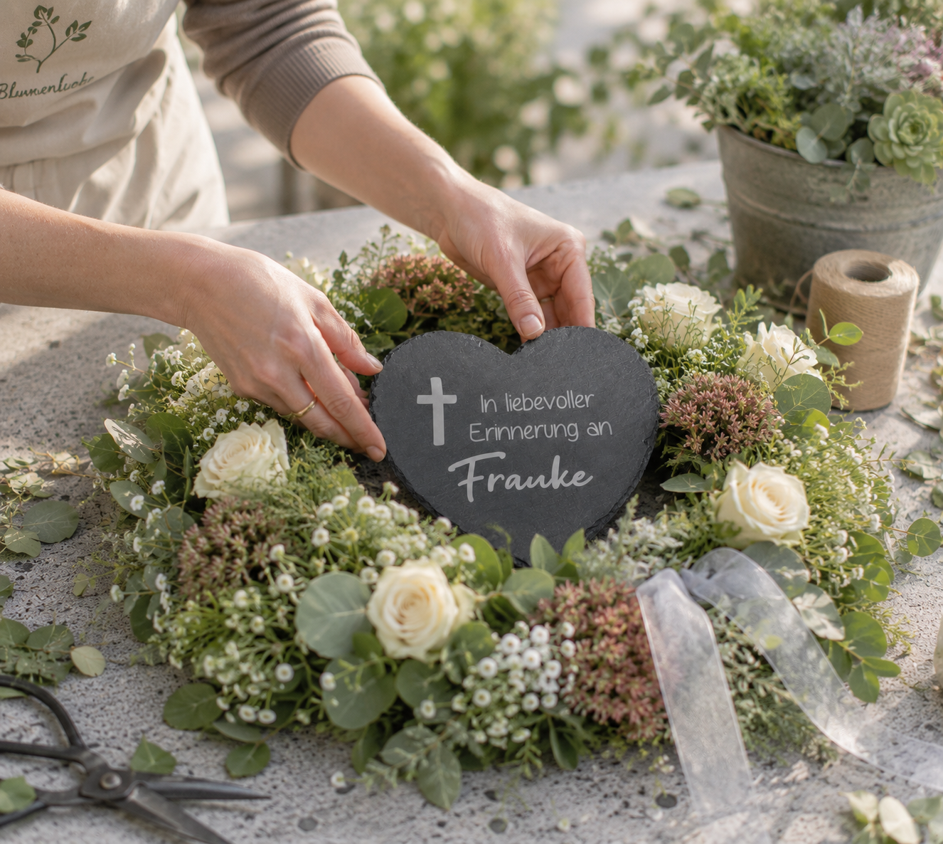 Kleine Schieferherzen mit Namen und Spruch personalisiert - „In liebevoller Erinnerung“