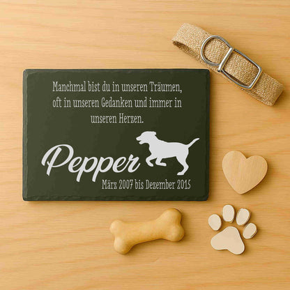 Gedenktafel personalisiert für Tiere aus Schiefer - Motiv "Träume & Gedanken – Hund"