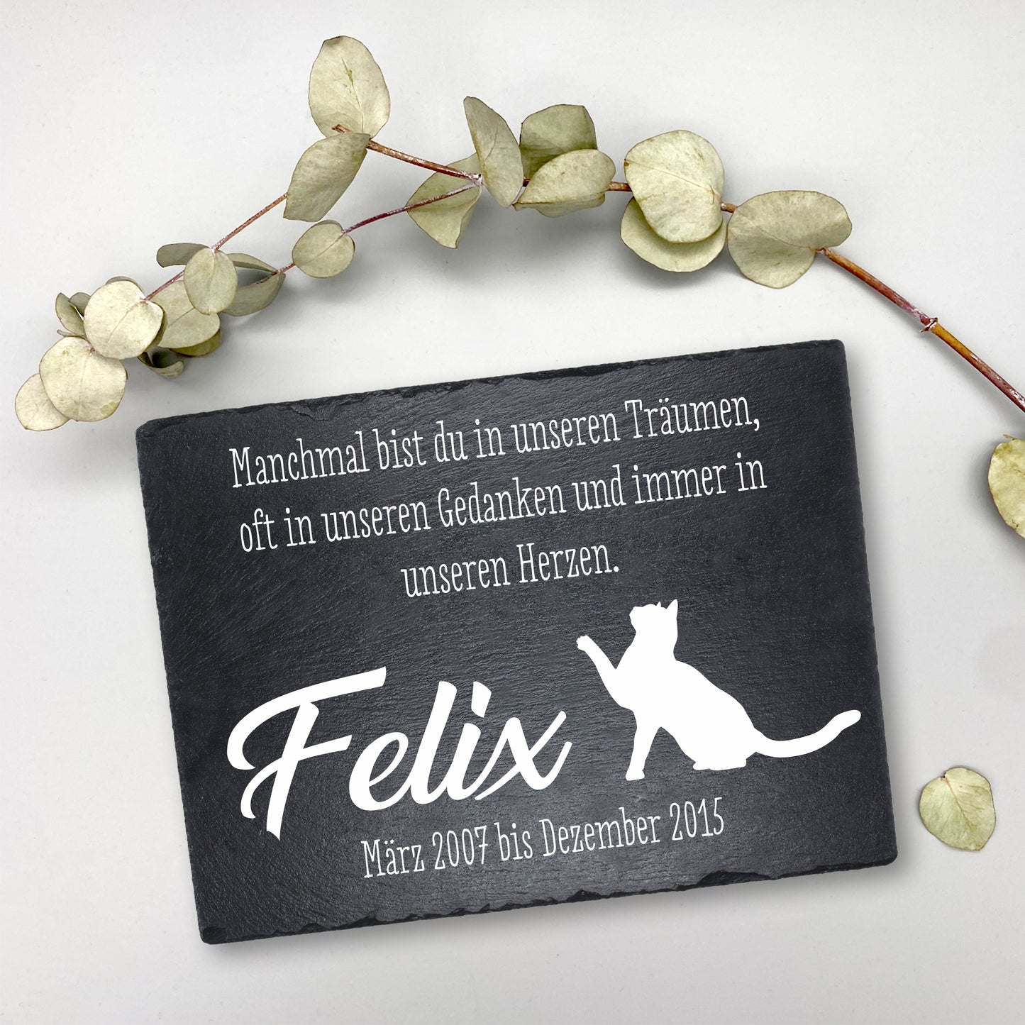 Gedenktafel personalisiert für Tiere aus Schiefer - Motiv "Träume & Gedanken – Katze"